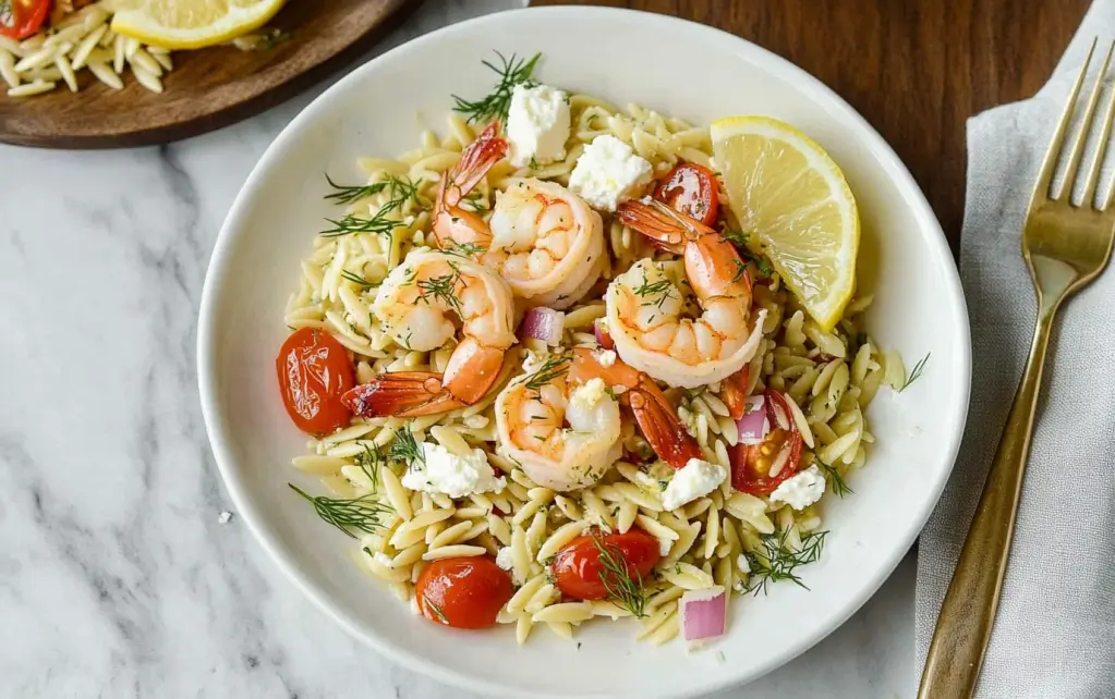Lemon Orzo Salad with Garlic Butter Shrimp
