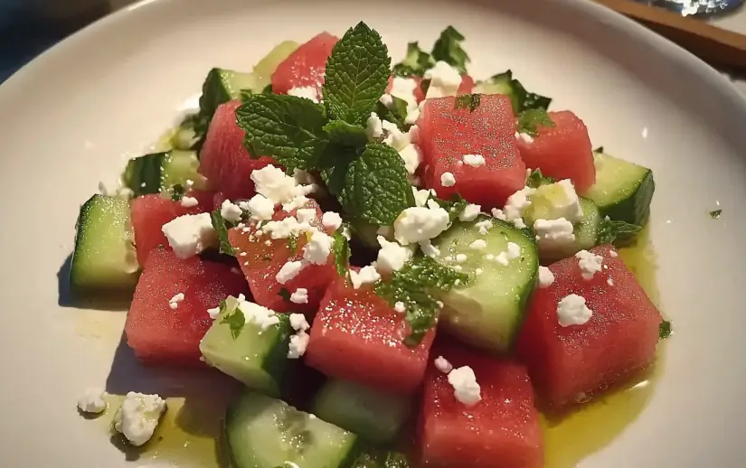watermelon salad with feta, cucumber, and mint