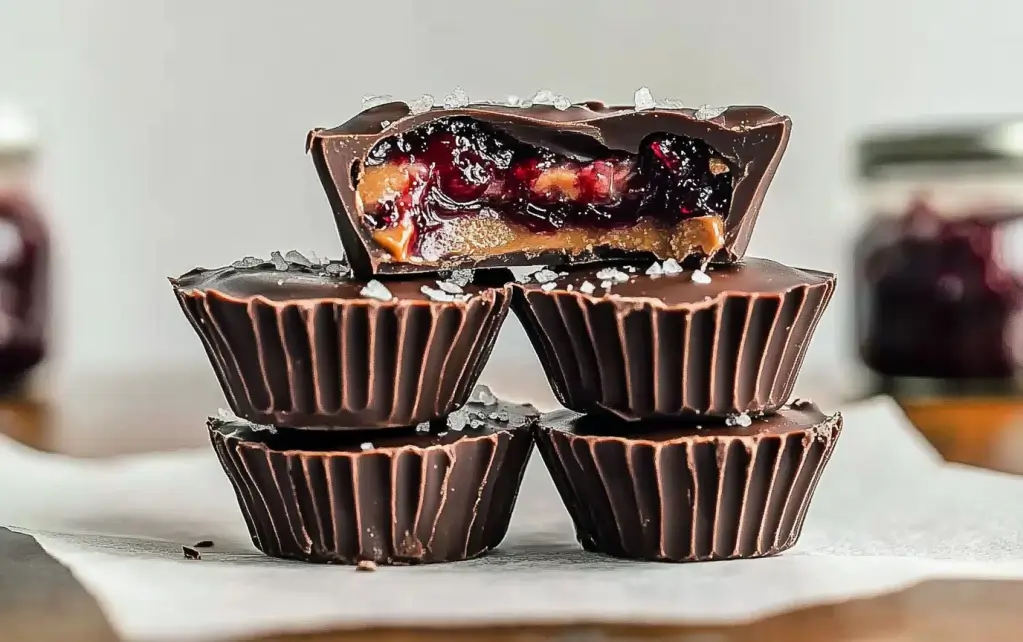 # PB\&J Chocolate Cups Recipe ## Introduction Imagine the nostalgic joy of biting into a peanut butter and jelly sandwich — now wrap that comforting flavor in rich, velvety dark chocolate. That’s exactly what you get with these **PB\&J Chocolate Cups**! These little bites are a dreamy no-bake dessert made with simple pantry staples. They’re perfect for after-school snacks, quick desserts for guests, or late-night treats when you want something sweet without turning on the oven. As someone who practically lived off PB\&J sandwiches growing up, this recipe brings back all those cozy feelings but with a grown-up twist thanks to the dark chocolate and a sprinkle of flaky sea salt. If you’re already a fan of quick no-bake sweets like my [Dark Chocolate Berry Bark](https://cookingwithcallie.com/dark-chocolate-berry-bark-no-bake-dessert/), you’re going to love this one too. ## Why You’ll Love This Recipe ### Key Benefits * **Quick & easy** – Only 10 minutes of hands-on prep time * **No baking required** – Just melt, spoon, and chill * **Kid-friendly and adult-approved** – A universal crowd-pleaser * **Make-ahead friendly** – Great for storing in the fridge or freezer * **Minimal cleanup** – You only need a few bowls and a spoon ### Taste & Texture The flavor combo is irresistible. You get: * A rich, smooth dark chocolate shell * Creamy peanut butter that melts in your mouth * A sweet, fruity burst from the jelly or jam * A pop of salt that ties everything together The texture is layered: crisp chocolate shell, soft nutty center, and a gooey jelly surprise. ### Dietary Attributes These chocolate cups are naturally **gluten-free** and can be made **vegan** by using plant-based chocolate chips and jelly without gelatin. They also use minimal processed ingredients and can be made refined sugar-free depending on your jam. ## Ingredients & Substitutions ### Ingredient List * 1 cup dark chocolate chips * ½ tablespoon coconut oil * ¼ cup creamy peanut butter * ¼ cup jam or jelly (your favorite flavor) * ½ teaspoon flaky sea salt ### Notes on Quality * **Chocolate chips:** Use a good-quality dark chocolate. I like 70% cacao for a deep, bittersweet flavor. * **Peanut butter:** Creamy natural peanut butter works beautifully here. Stir well if the oil has separated. * **Jelly/Jam:** Strawberry, raspberry, or grape jelly all work great. Go with a seedless version for the smoothest texture. * **Coconut oil:** Helps thin the chocolate for easy pouring and smooth texture. ### Possible Substitutions * **Nut-free:** Swap peanut butter with sunflower seed butter. * **Different nut butters:** Almond butter or cashew butter are fantastic substitutes. * **Vegan version:** Use vegan chocolate chips and plant-based jam. * **No coconut oil?** A little bit of butter or neutral oil (like avocado oil) works in a pinch. ## Step-by-Step Instructions 1. **Melt the chocolate:** Place chocolate chips in a microwave-safe bowl and heat in 30-second increments, stirring each time, until smooth. Stir in the coconut oil until fully combined. 2. **Fill muffin liners:** Place 12 muffin liners on a sheet pan. Spoon about 2–3 teaspoons of melted chocolate into each. Gently tilt the liner so the chocolate spreads about ¼ inch up the sides. 3. **Chill the base:** Refrigerate the tray for 5–10 minutes until the chocolate sets. 4. **Add fillings:** Use the back of a spoon to add a dollop of peanut butter in the center of each chocolate base. Spread slightly toward the edges without touching the sides. 5. **Add jelly:** Place a small dollop of jelly on top of the peanut butter. 6. **Top with more chocolate:** Cover the peanut butter and jelly layers with the remaining melted chocolate. 7. **Finish with salt:** Sprinkle a tiny pinch of flaky sea salt on each cup. 8. **Final chill:** Refrigerate for 30 minutes or until completely hardened. ## Expert Tips & Tricks ### Best Practices * Let the first chocolate layer fully set before adding peanut butter — this keeps the layers clean and pretty. * Use a piping bag or zip-top bag with the corner cut off for neater filling if you're making a large batch. * A small offset spatula or butter knife helps spread the layers smoothly. ### Common Mistakes * **Using watery jelly:** This can make the cups soggy. Thicker jam or jelly gives the best texture. * **Overfilling:** Leave space at the top for sealing with the final chocolate layer. * **Skipping the salt:** That sprinkle of flaky sea salt takes this dessert from tasty to gourmet. ### Time-Saving Tips * Melt chocolate and prep the filling ingredients while the first layer is chilling. * Make a double batch and freeze half for future dessert emergencies. ## Serving Suggestions ### Pairings These PB\&J chocolate cups are wonderful served alongside: * A cup of hot coffee or espresso * A fruit salad for a refreshing contrast * Vanilla ice cream for an indulgent dessert plate ### Presentation Ideas * Peel back the muffin liners and stack the cups in a small mountain on a pretty serving tray. * Serve on a rustic wooden board with berries for a playful, picnic-style vibe. * Use gold cupcake liners for a fancy holiday dessert table. ### Beverage Pairings * **Non-alcoholic:** Cold almond milk, chai latte, or berry-infused iced tea * **Cocktails:** Raspberry mojito or chocolate martini * **Wine:** A smooth port or dessert red wine complements the dark chocolate beautifully ## Storage & Reheating ### Leftover Storage * Store in an airtight container in the fridge for up to **one week** * For longer storage, freeze for up to **3 months** — layer with parchment between each cup to prevent sticking ### Reheating Methods These are best enjoyed cold or at room temperature, but if you need to soften them slightly: * Let sit at room temp for 5–10 minutes * Avoid microwaving — it will melt the chocolate too much ## Frequently Asked Questions ### Substitutions & Adjustments **Can I use milk chocolate instead of dark chocolate?** Yes! It’ll be sweeter, but still delicious. **What’s the best jelly to use?** I love strawberry or raspberry for a classic PB\&J vibe, but grape is a nostalgic favorite too. **Can I make these nut-free?** Absolutely. Use sunflower seed butter or even cookie butter for a nut-free twist. ### Troubleshooting **My chocolate cups are too hard to bite. What happened?** They may be too cold. Let them sit for 5–10 minutes after pulling from the fridge. **My jelly is leaking out. How do I fix this?** Use less jelly and make sure your peanut butter forms a little “wall” around the edges. **The chocolate layers separated. Why?** Make sure each layer sets completely before adding the next, and avoid over-handling. ## Variations & Customizations ### Dietary Adaptations * **Vegan:** Use dairy-free chocolate and gelatin-free jelly. * **Low-sugar:** Choose sugar-free or reduced-sugar jelly and dark chocolate with no added sugar. * **Keto:** Use sugar-free chocolate and peanut butter, and opt for a keto-friendly jam substitute. ### Flavor Twists * Swap peanut butter for almond butter and use apricot jam for a fancy twist. * Add a sprinkle of crushed peanuts between layers for crunch. * Mix a bit of cinnamon or vanilla into the peanut butter for an extra flavor dimension. ### Seasonal/Holiday Versions * **Valentine’s Day:** Use heart-shaped silicone molds and raspberry jam. * **Christmas:** Add crushed candy cane bits or a sprinkle of cinnamon. * **Back-to-school:** Let kids choose their own jam flavor for a fun lunchbox treat. ## Conclusion These PB\&J Chocolate Cups are everything you love about the classic sandwich — reimagined as a decadent bite-sized treat. Whether you’re hosting a gathering or simply treating yourself, these are easy to make and even easier to devour. I’d love to see your version of this recipe — especially if you get creative with the fillings. Tag me on Pinterest at [Cooking with Callie](https://www.pinterest.com/recipescookingwithcallie/) and let’s share the love. If you enjoyed this, you’ll also want to check out my [Dark Chocolate Berry Bark](https://cookingwithcallie.com/dark-chocolate-berry-bark-no-bake-dessert/), [Cheesy Crescent Roll Garlic Knots](https://cookingwithcallie.com/cheesy-crescent-roll-garlic-knots/), and [Easy Cinnamon Sugar Pretzels](https://cookingwithcallie.com/easy-cinnamon-sugar-pretzels/) for more crave-worthy snacks and desserts.