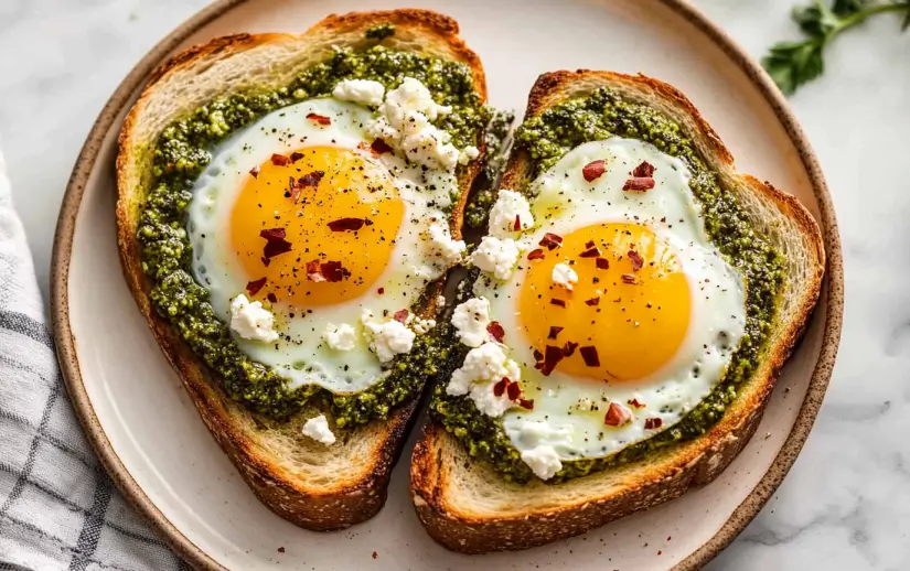 Pesto Eggs on Toast with Creamy Goat Cheese
