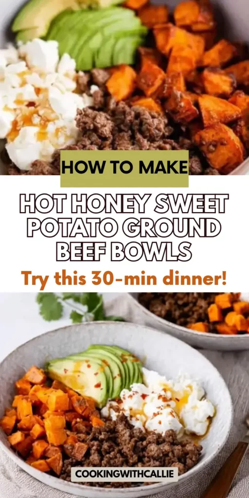 These Hot Honey Ground Beef Bowls are packed with flavor and protein—roasted sweet potatoes, taco-seasoned beef, creamy cottage cheese, avocado, and a spicy-sweet drizzle of hot honey. Inspired by the viral TikTok trend, this easy dinner is done in just 30 minutes! Perfect for meal prep, weeknights, or even topped with an egg for breakfast. 🌶️🍯 Save it now, thank yourself later!